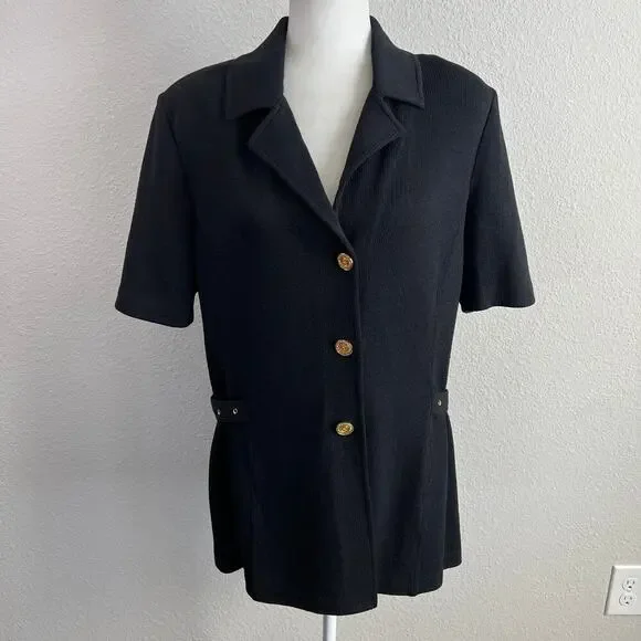 St. John Collection Knit Top Women's 12 Black Button Down Blouse Short Sleeve - Picture 1 of 8